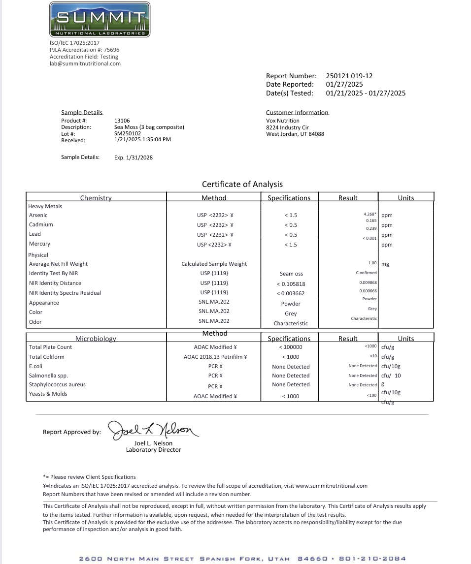 Certificate of Analysis for sea moss with test results and signatures.