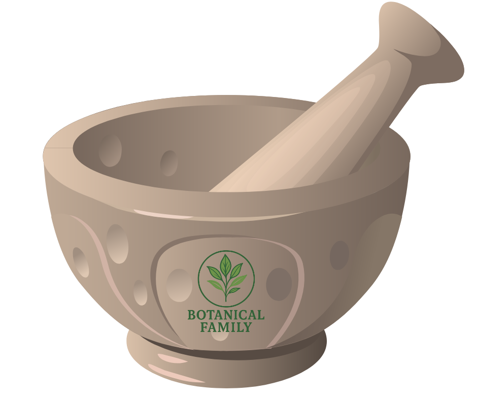 Illustration of a mortar and pestle with 'Botanical Family' logo.