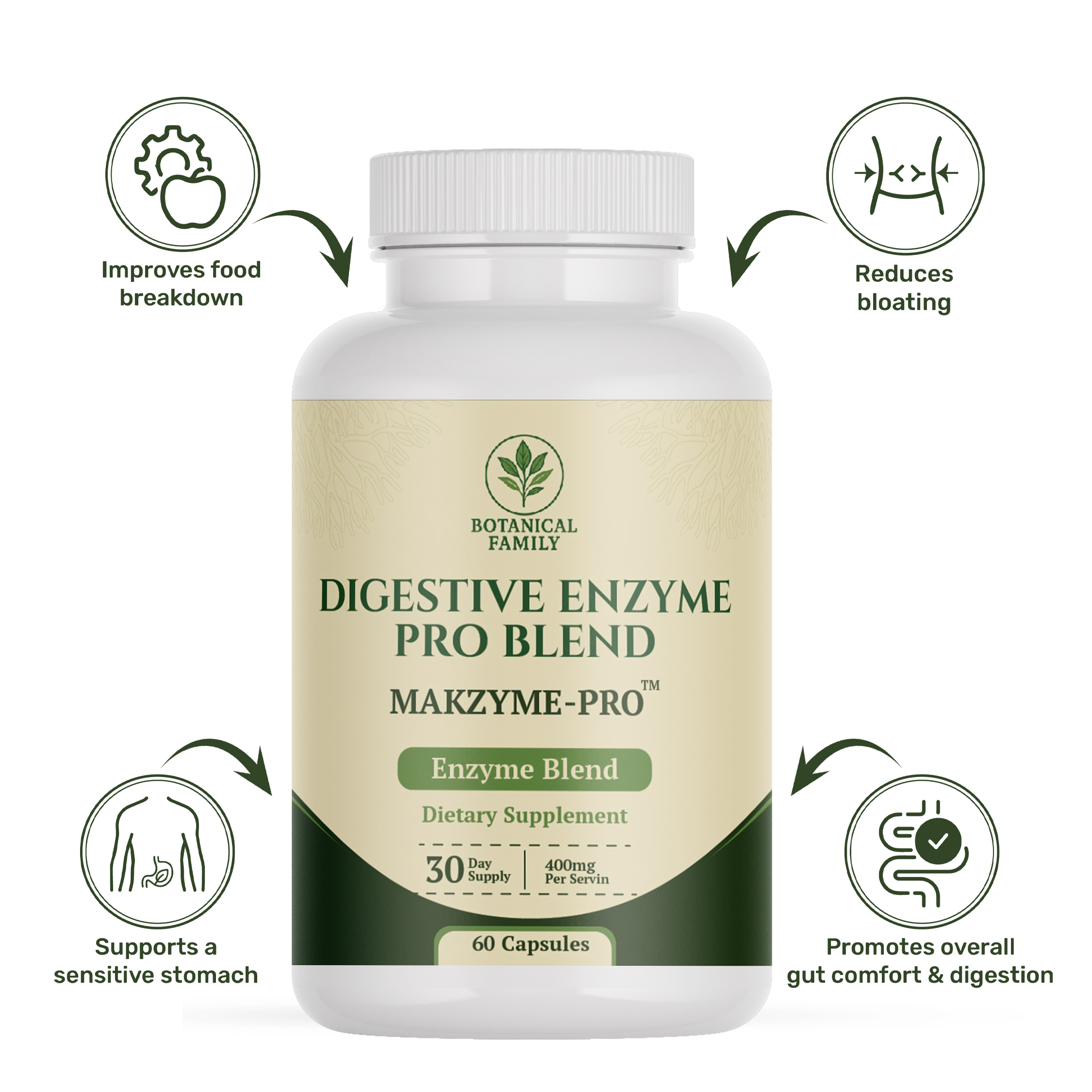 Bottle of digestive enzyme supplement with benefits like reducing bloating and supporting digestion.