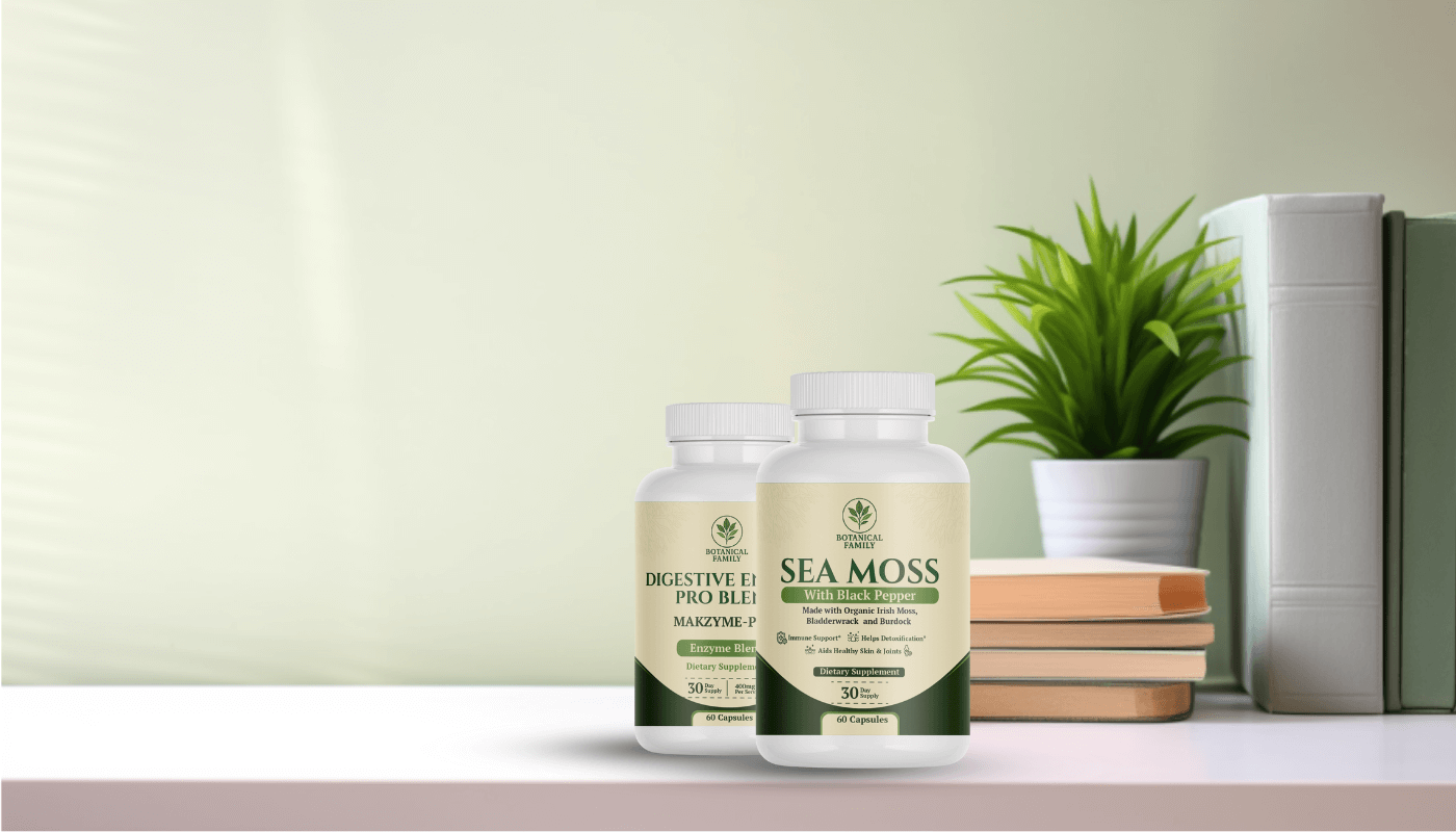 Two supplement bottles with books and a plant in the background.