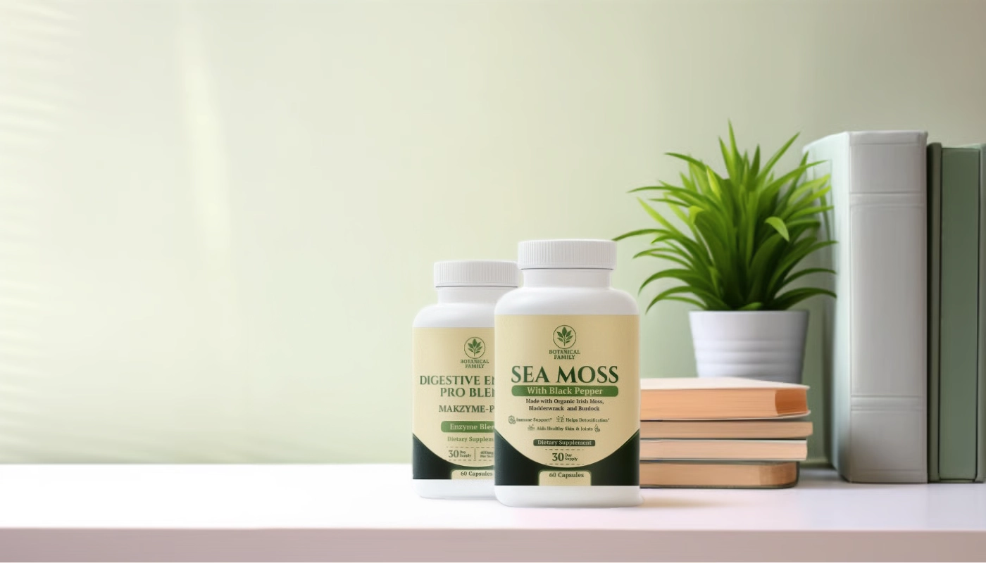 Two supplement bottles on a shelf with books and a potted plant.