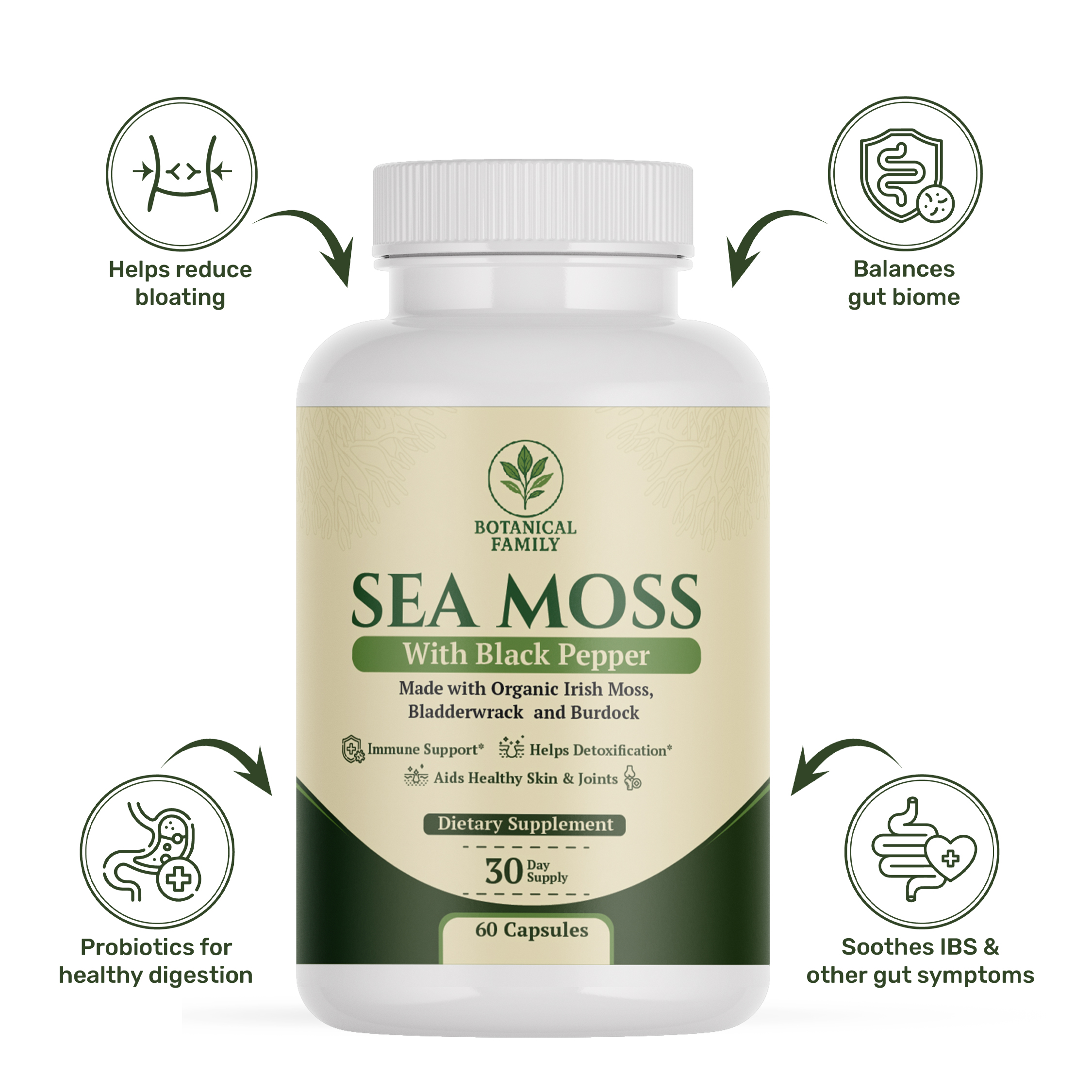 Bottle of Sea Moss dietary supplement with health benefits listed.