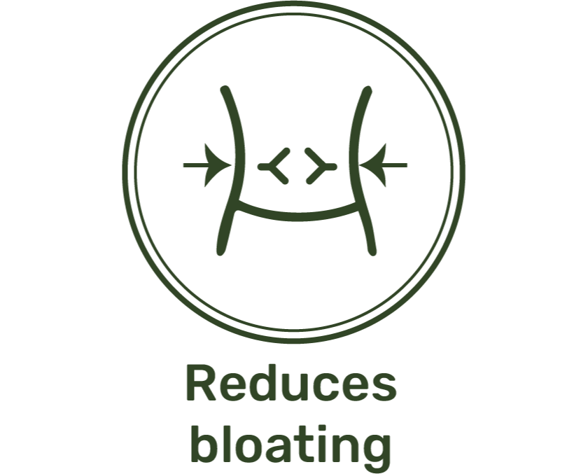 Icon indicating reduction of bloating with arrows and text 'Reduces bloating.'