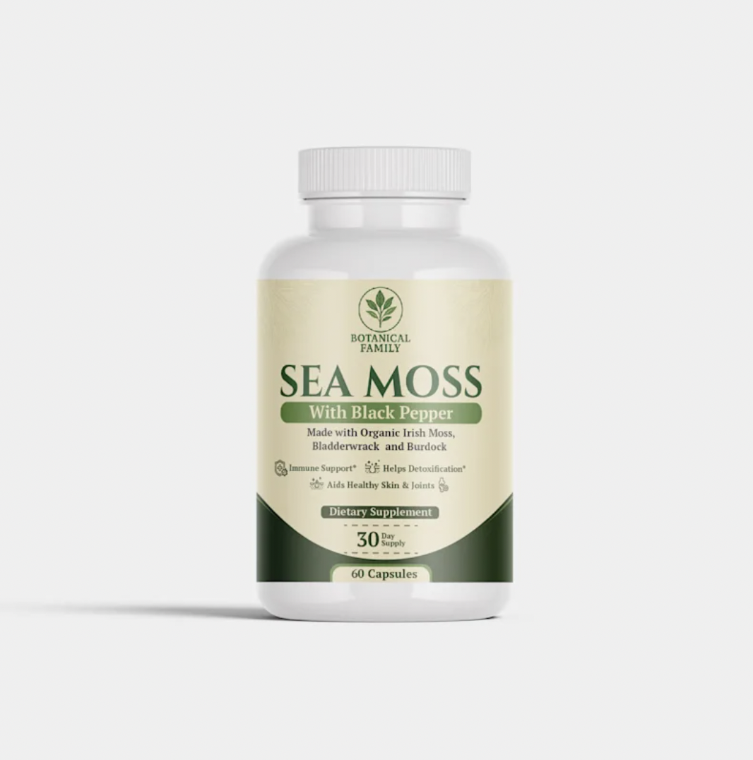 Bottle of sea moss dietary supplement with black pepper, 60 capsules.