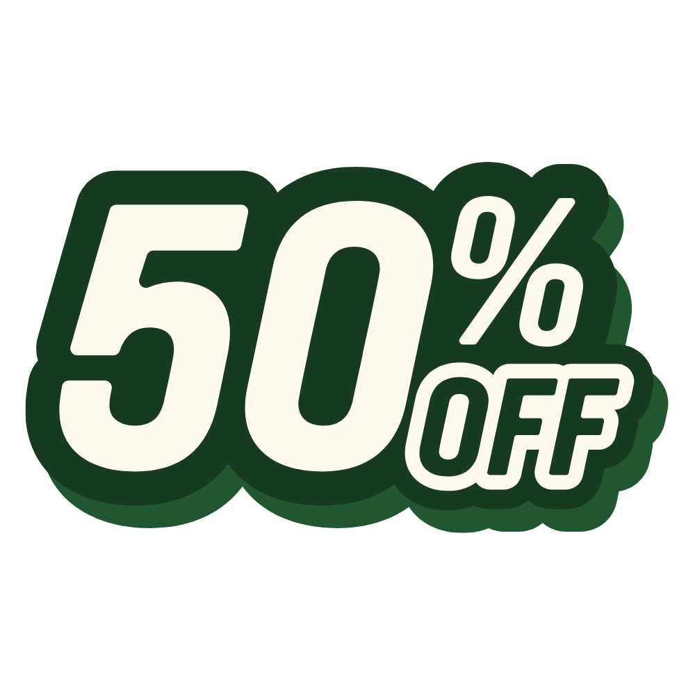 A green and white graphic that says 50% OFF.