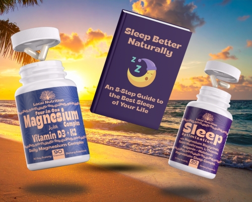 Two supplement bottles and a sleep guide book on a beach backdrop.