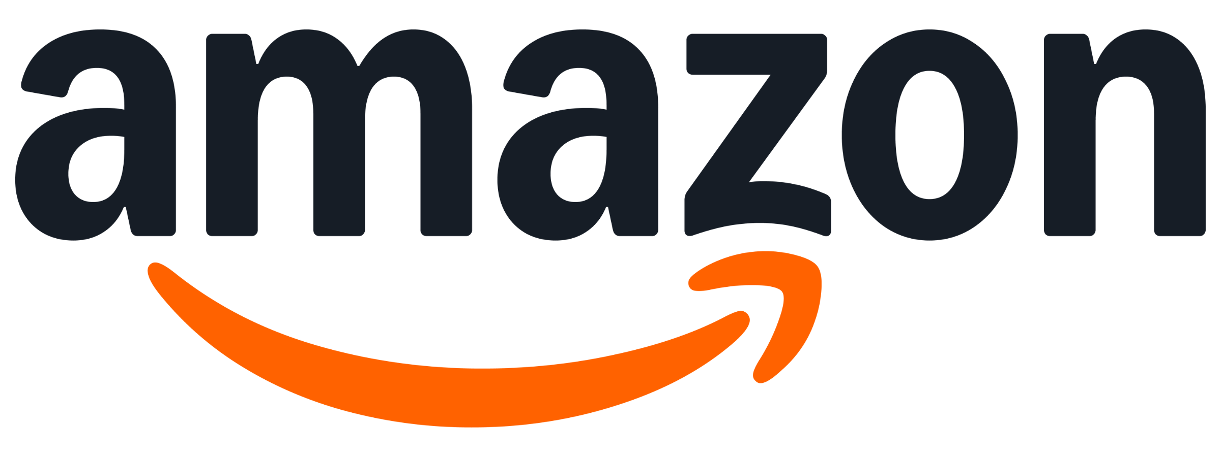 Amazon logo with black text and orange arrow.