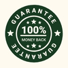 Green circular badge with '100% Money Back Guarantee' text and stars.