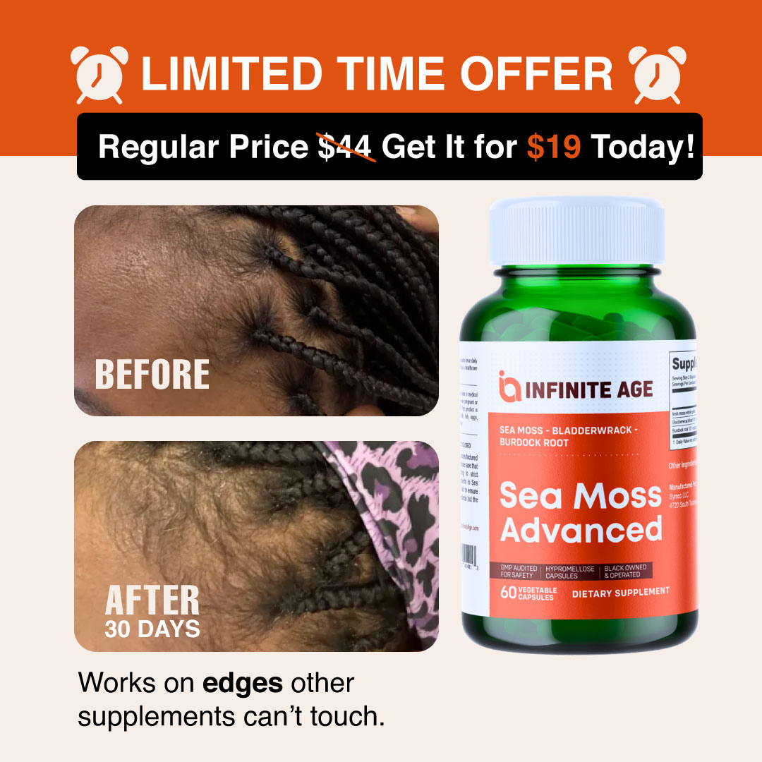 An ad for Sea Moss Advanced supplement with before and after photos of hair growth on a hairline.