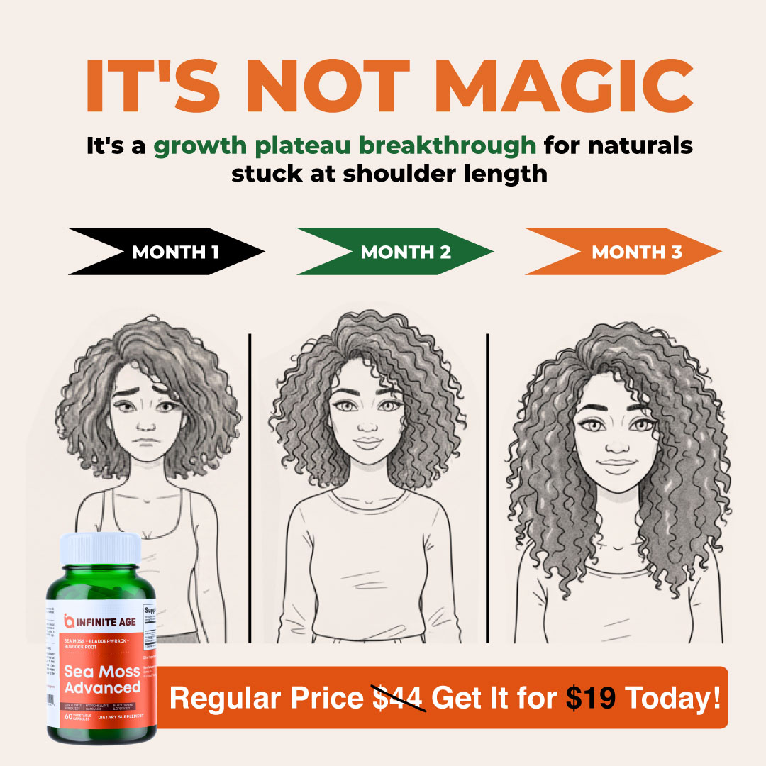 An advertisement showing a woman's illustrated hair growth progression over three months with a bottle of Sea Moss Advanced.