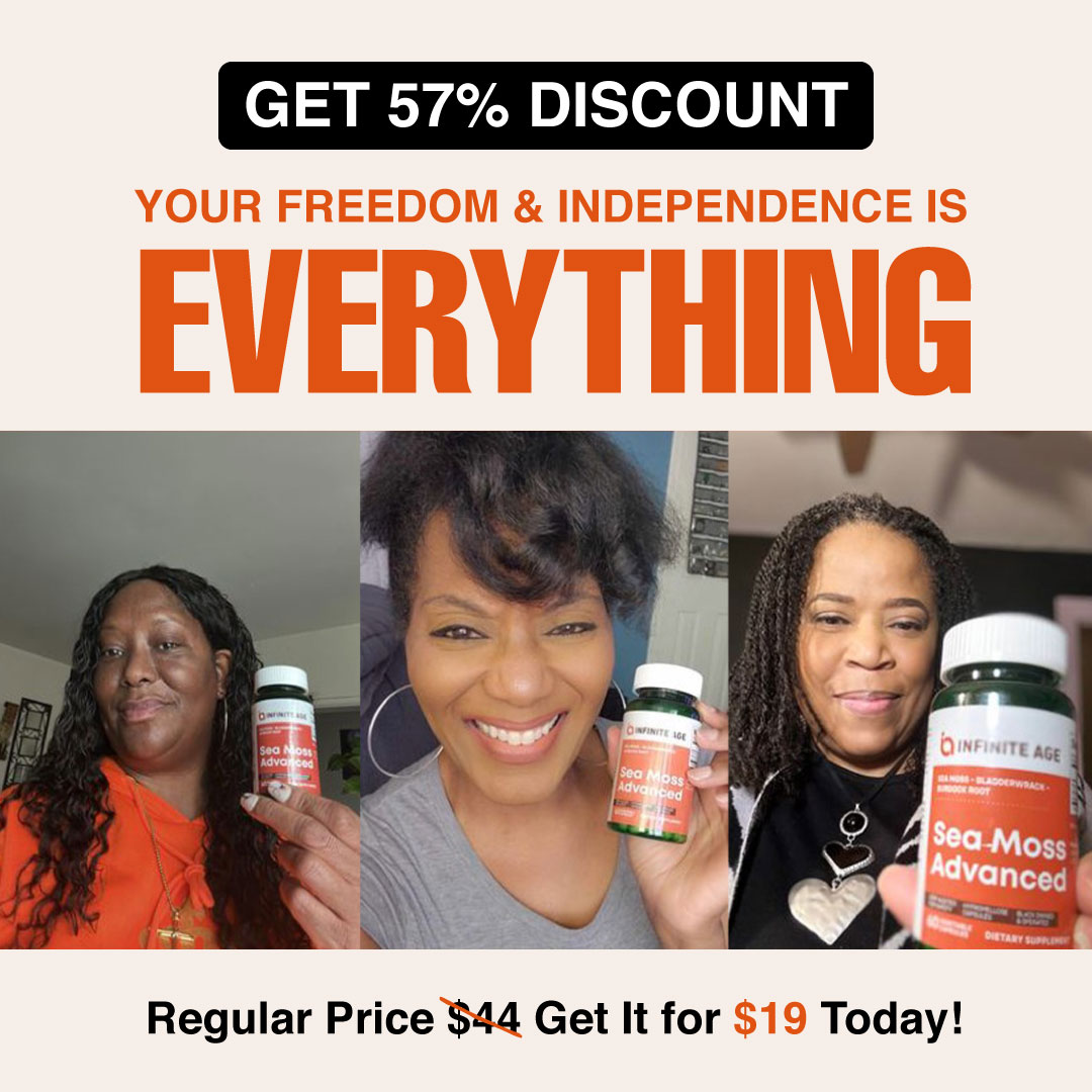 An advertisement showing three smiling women holding bottles of 'Sea-Moss Advanced' supplement with a discount offer.