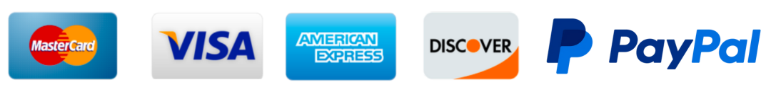 Logos of MasterCard, Visa, American Express, Discover, and PayPal.