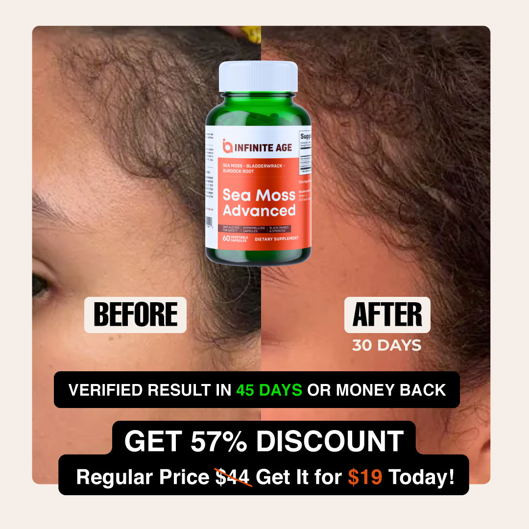 An ad for Sea Moss Advanced showing before and after photos of hair growth results.