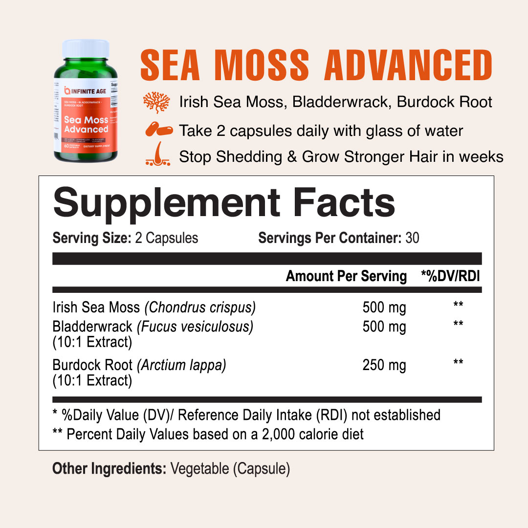 A bottle of Infinite Age Sea Moss Advanced supplements next to its supplement facts label.