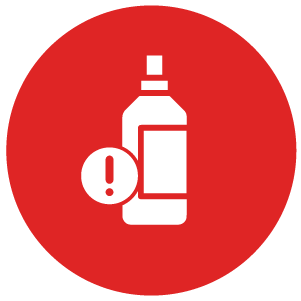 White bottle with exclamation mark on red background.