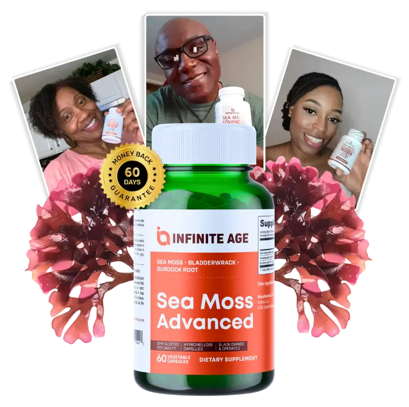 Three people holding Sea Moss Advanced supplement bottles with a large product image in the center.