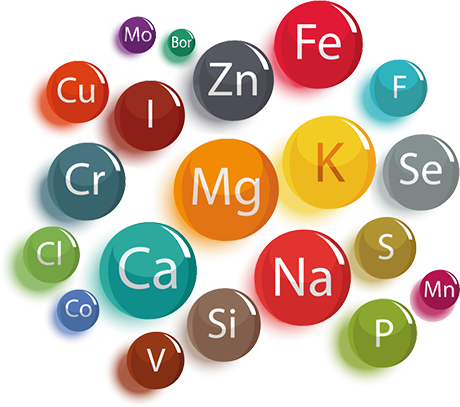 Colorful circles with chemical element symbols inside.