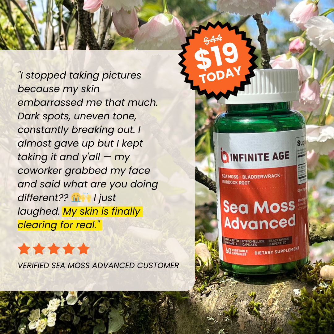 A bottle of Sea Moss Advanced supplements sits on a mossy branch with a customer testimonial overlay.
