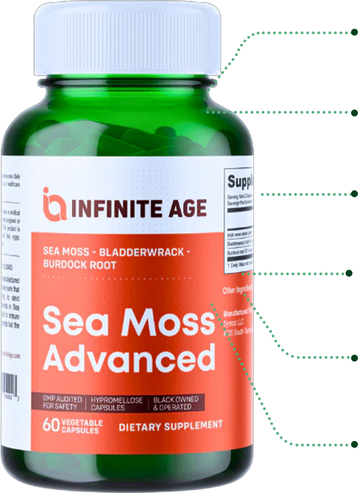 Green bottle of Sea Moss Advanced dietary supplement with label details.