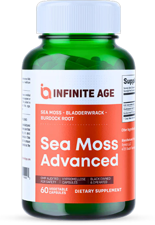 A green bottle labeled 'Infinite Age Sea Moss Advanced' dietary supplement, 60 vegetable capsules.