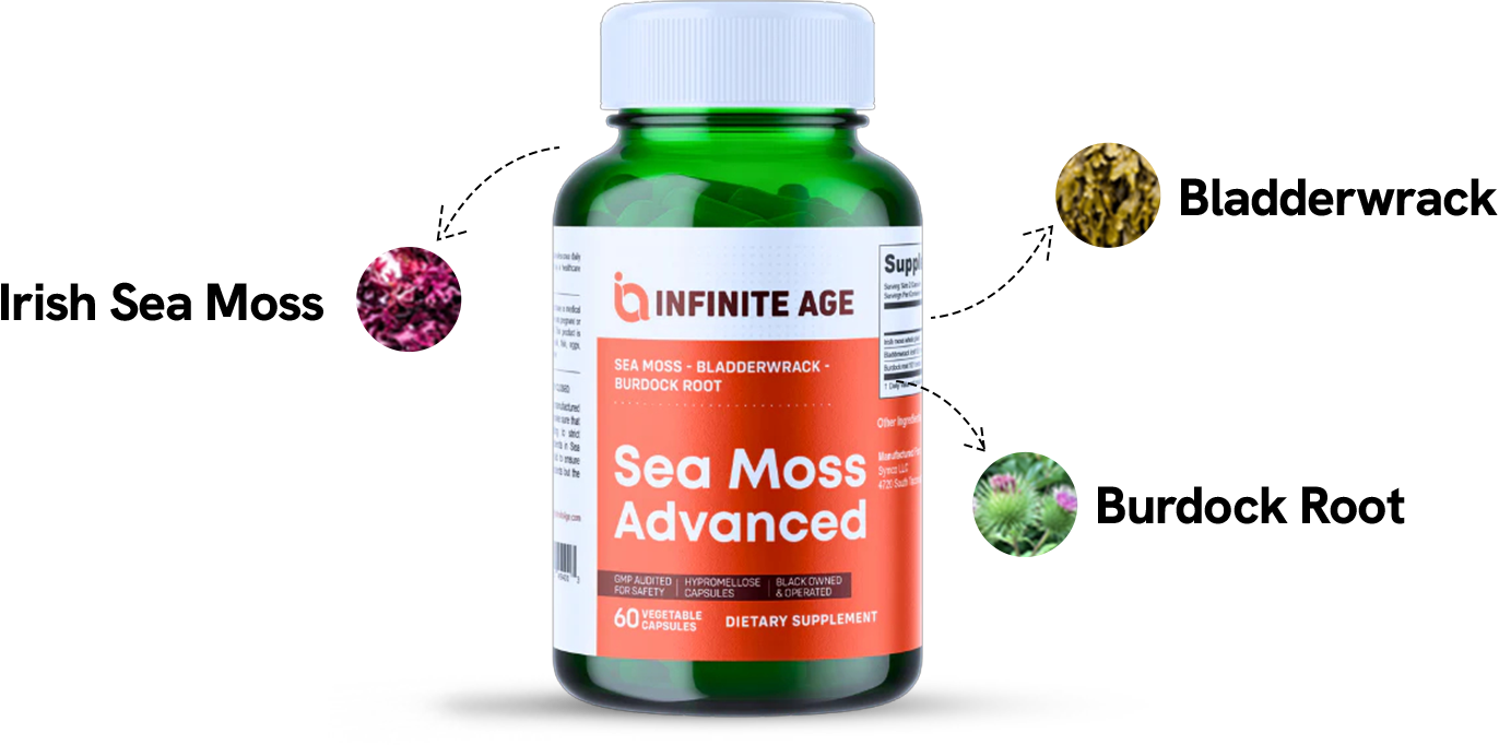 Bottle of Sea Moss Advanced with Irish Sea Moss, Bladderwrack, and Burdock Root.