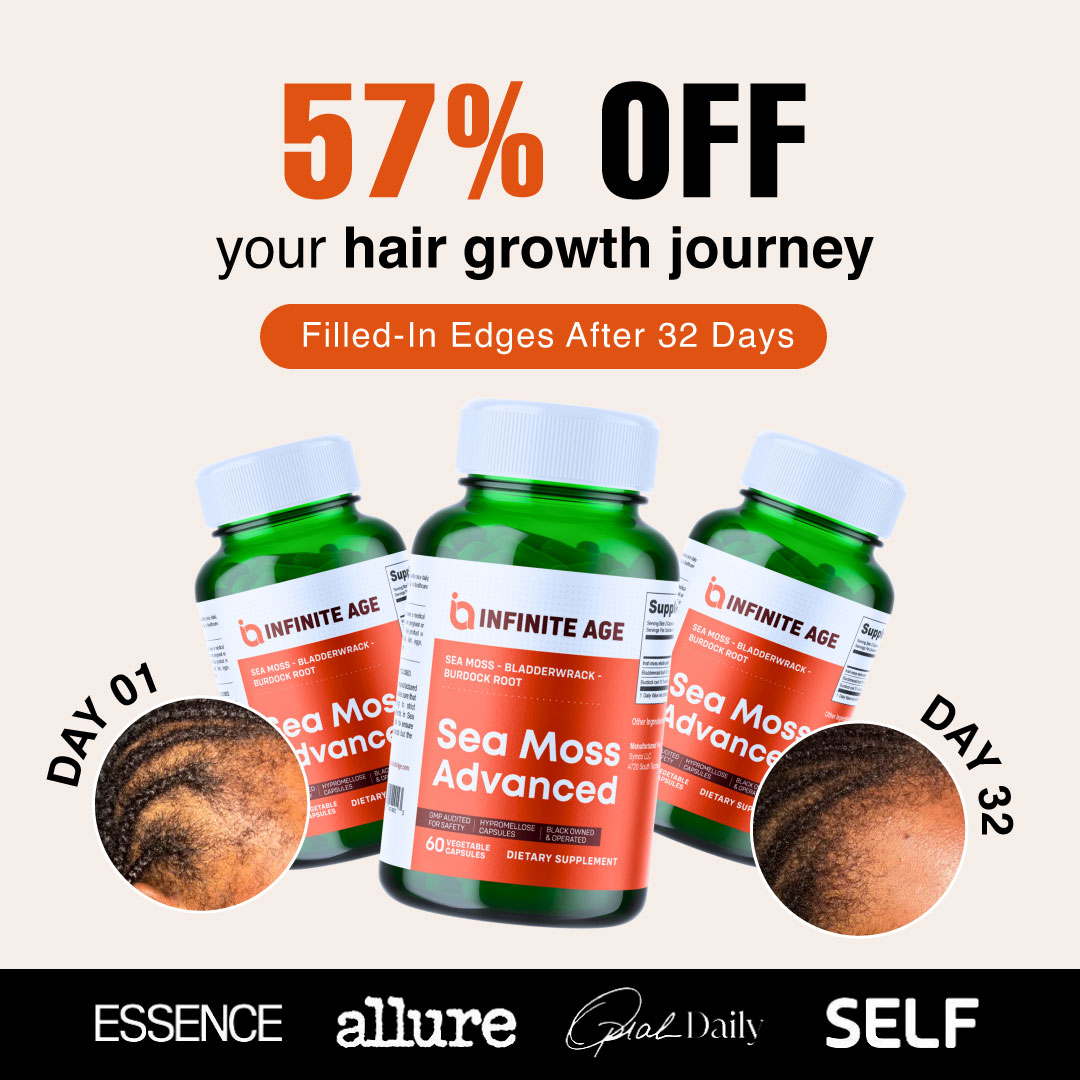 An ad for a hair growth product showing before and after photos next to three supplement bottles.