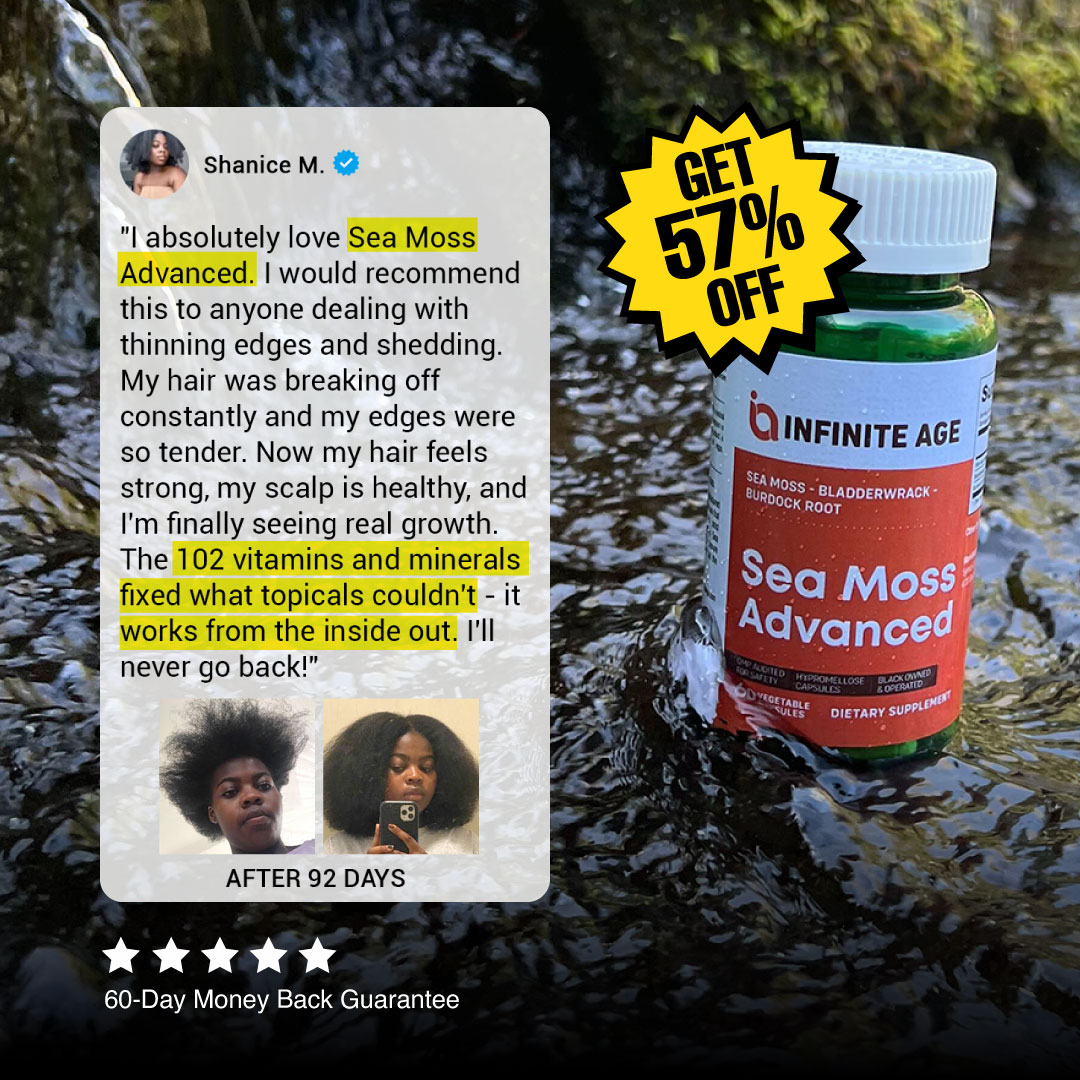An ad for Sea Moss Advanced showing a testimonial, before/after photos, and a bottle next to a stream.