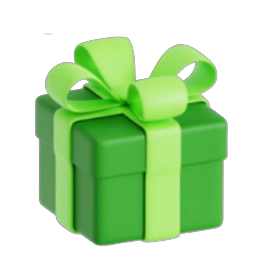 A 3D illustration of a green gift box with a light green ribbon and bow against a black background.