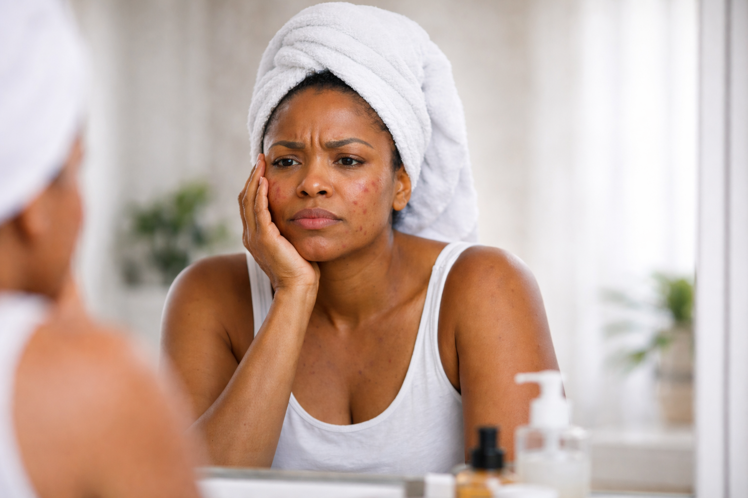 Person with a towel on head, looking at acne in the mirror.
