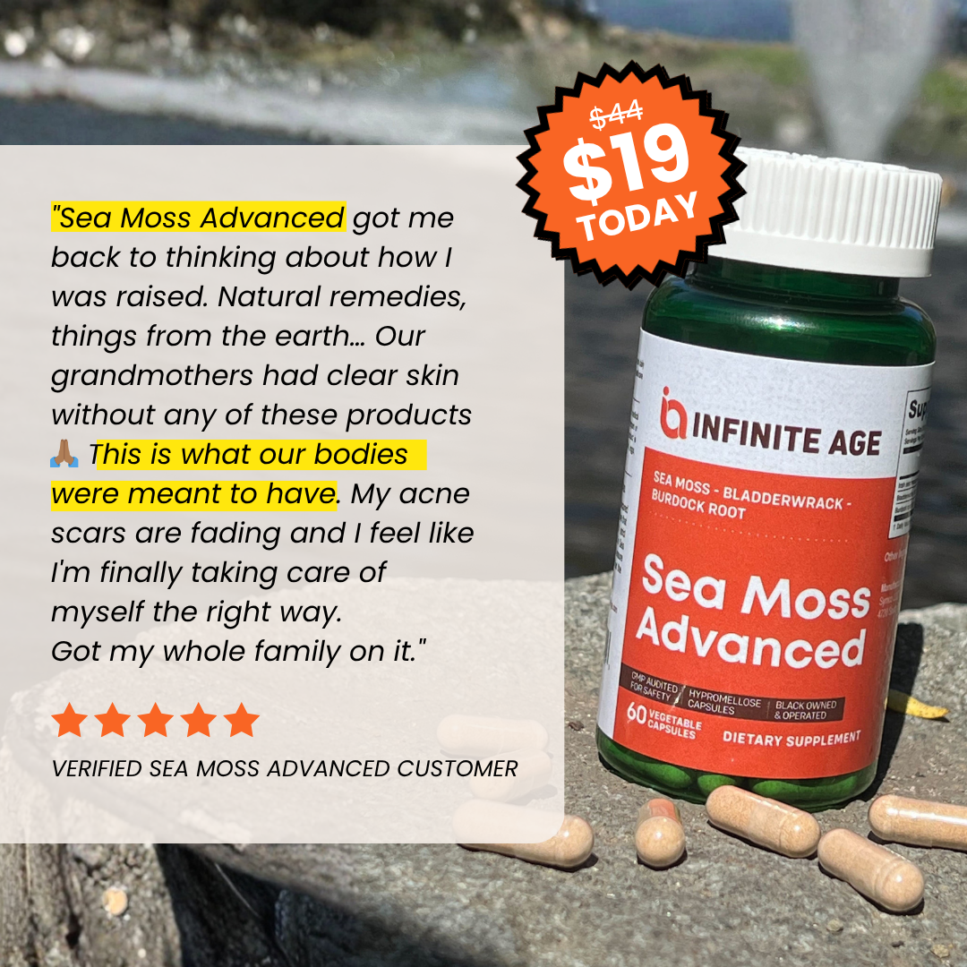 A bottle of Sea Moss Advanced supplements next to a customer review and price sticker.