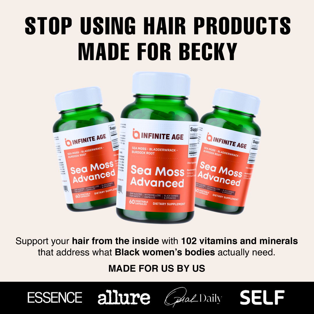An advertisement for Infinite Age Sea Moss Advanced supplements, with three bottles and text aimed at Black women.
