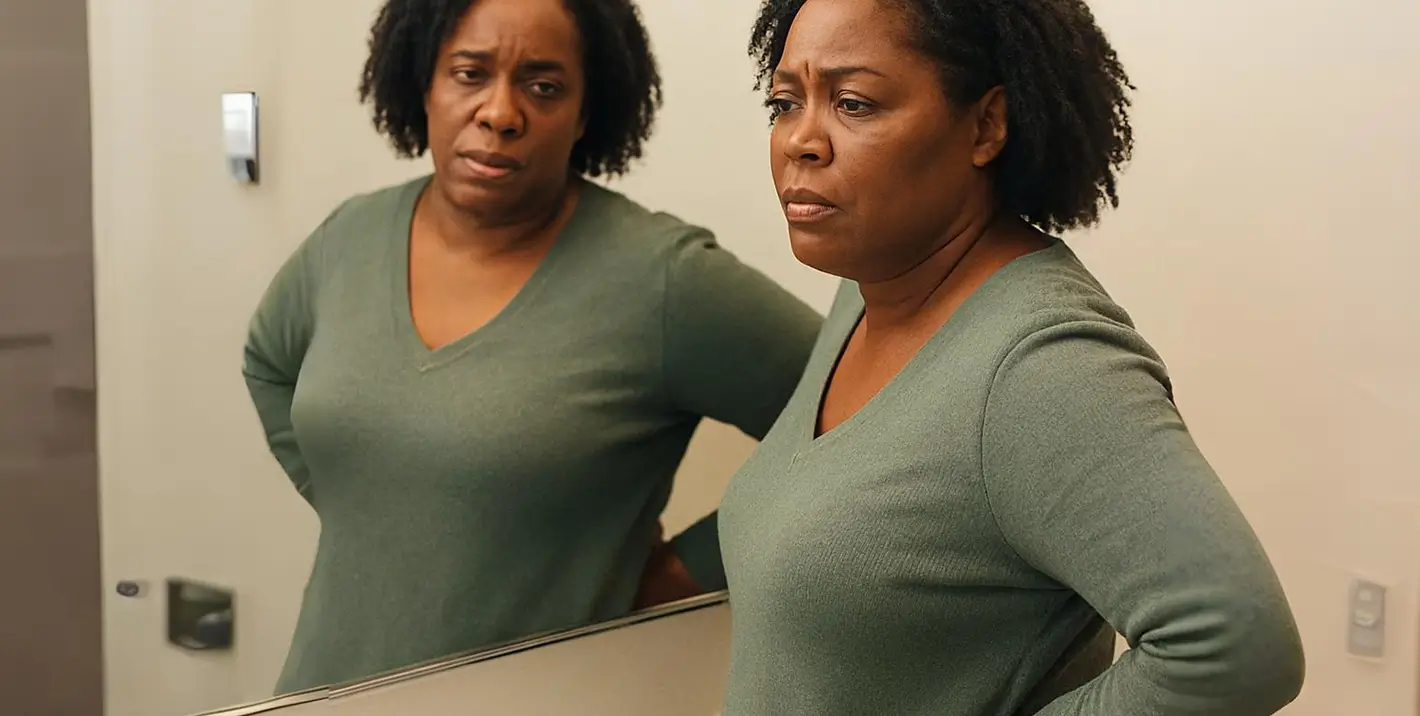 A woman in a green shirt looks in a mirror, appearing thoughtful.