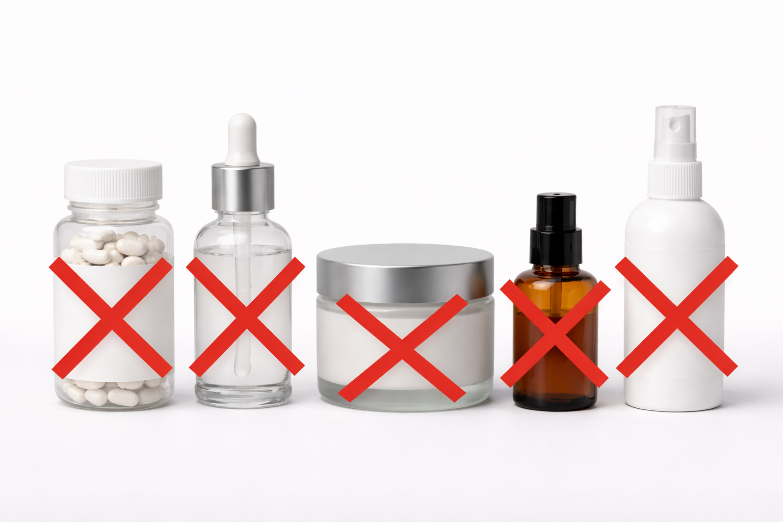 Five cosmetic bottles with red X marks over them.
