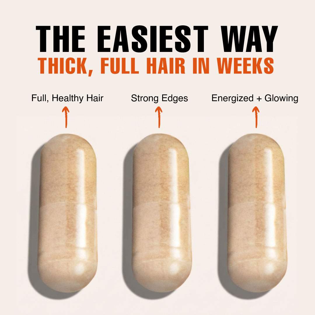 An advertisement for hair supplements showing three capsules with benefits like 'Full, Healthy Hair' listed above them.