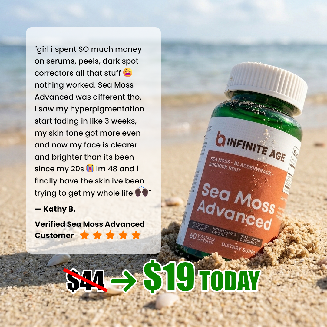 An advertisement for Infinite Age Sea Moss Advanced supplements, with three bottles and text aimed at Black women.