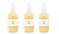 Three bottles with white droppers and labels, filled with a yellow liquid.