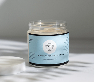 Jar of Junior's Bedtime Lotion with a sheep logo on the label.