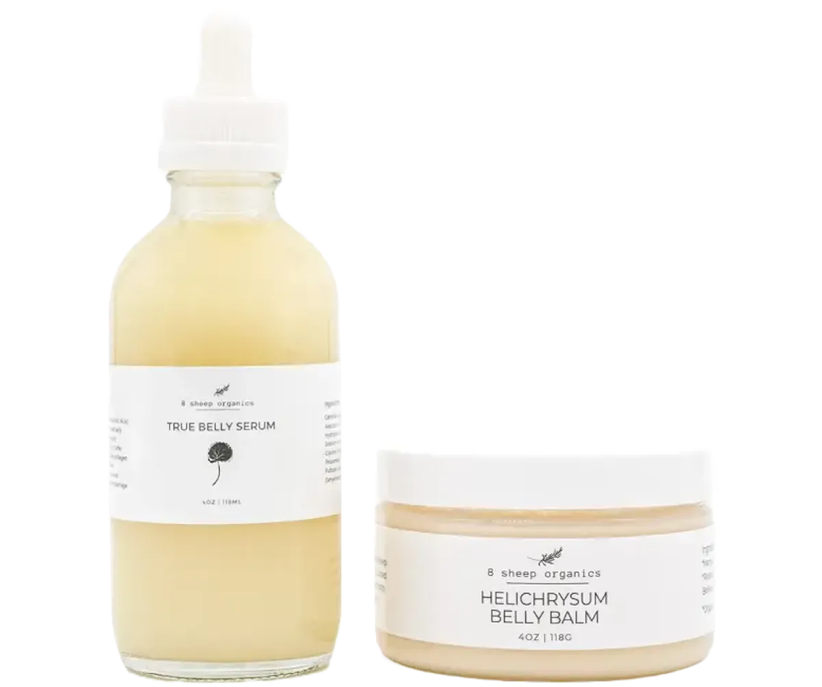 A bottle of 8 Sheep Organics True Belly Serum beside a jar of Helichrysum Belly Balm.