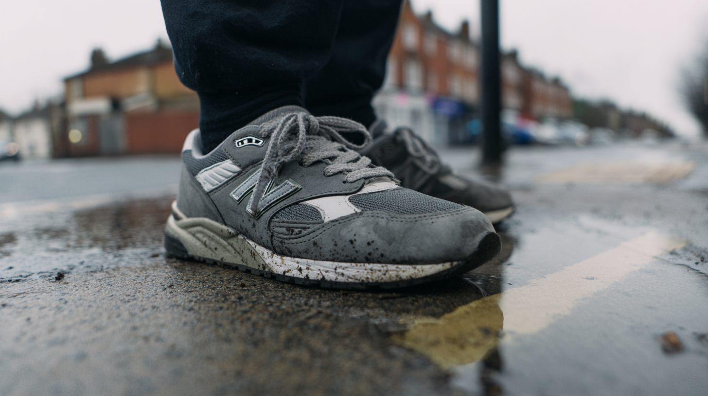 Close-up of grey sneakers on a wet pavement.