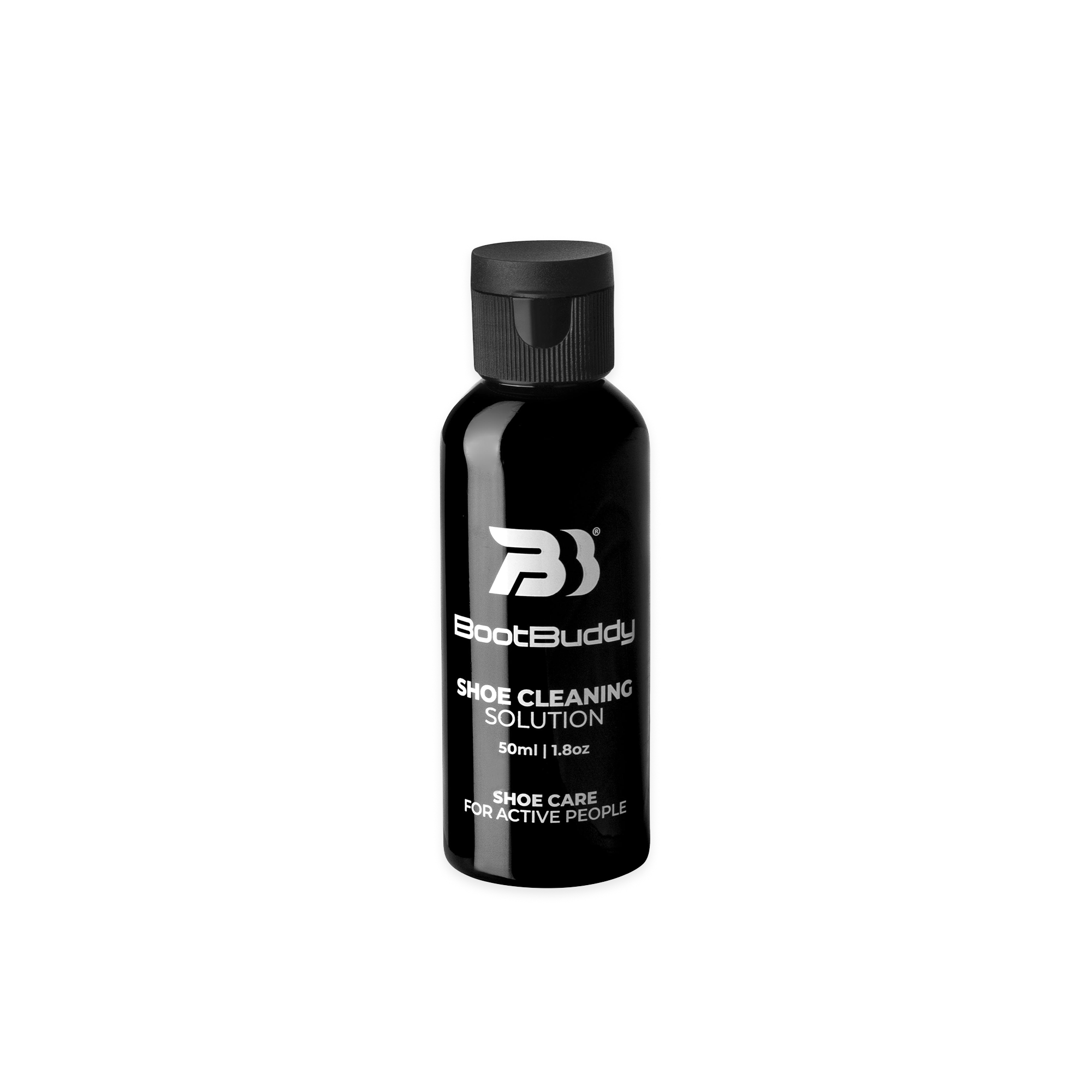 Black bottle of BootBuddy shoe cleaning solution on a black background.