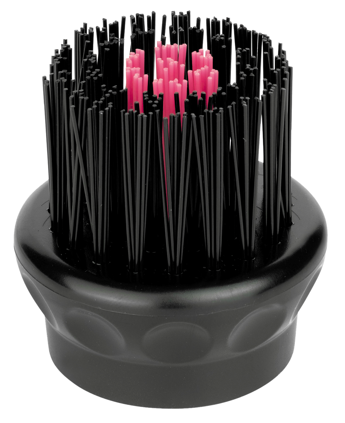 Black and pink bristle brush with a round base.