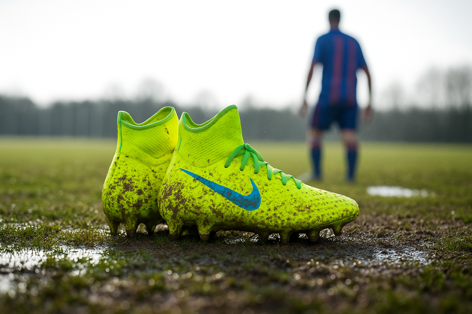 Bright yellow soccer cleats on muddy field, person in background.