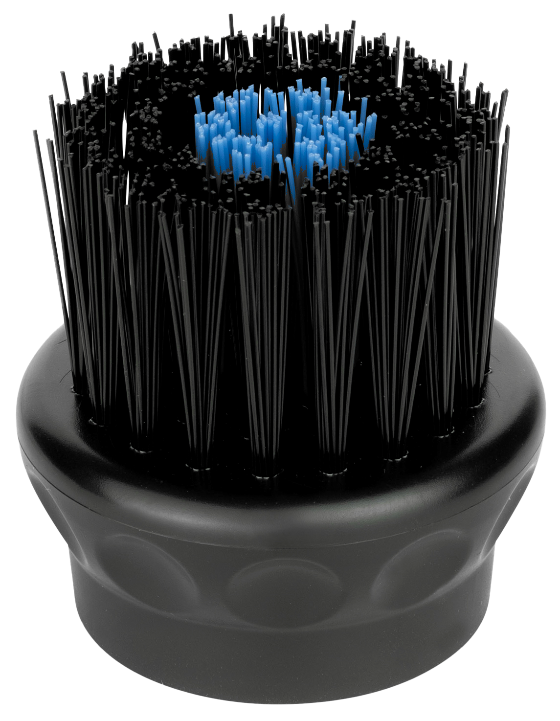 Round brush head with black and blue bristles.