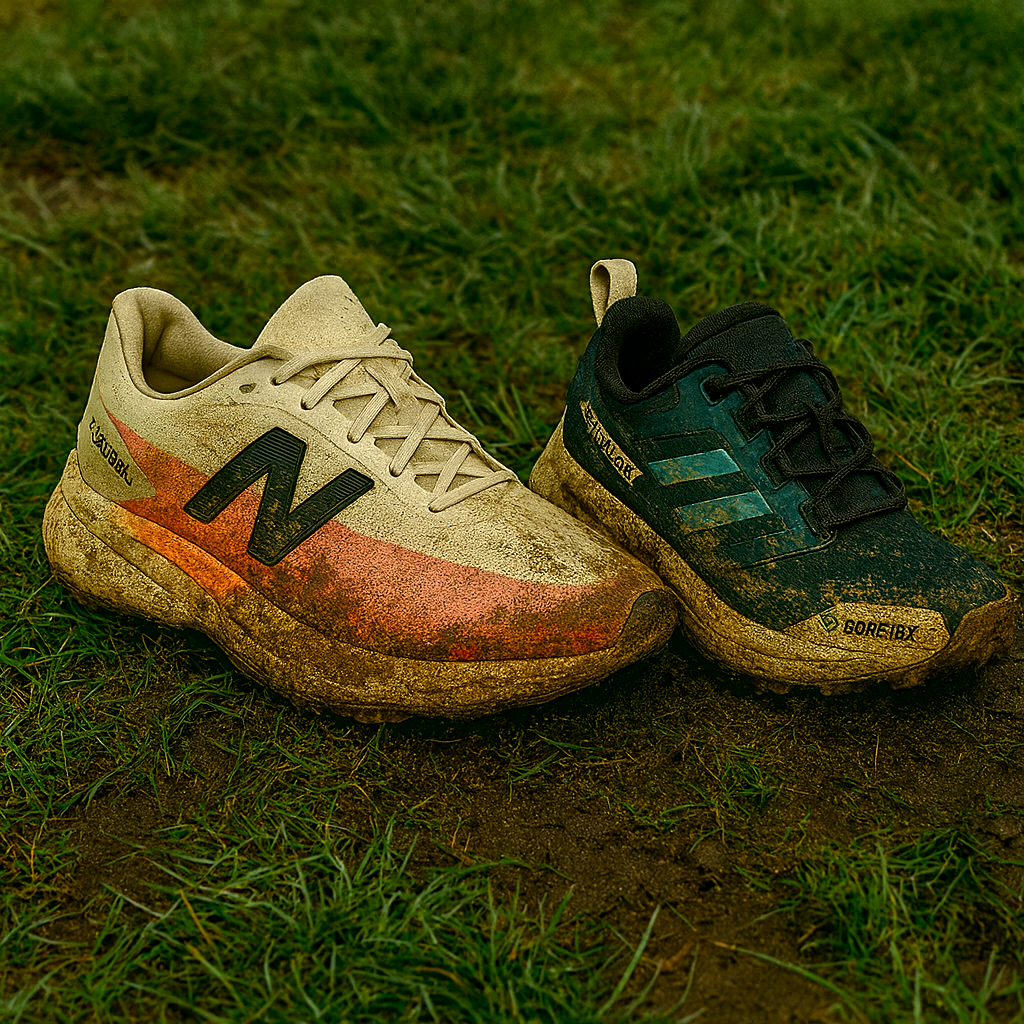 Two muddy running shoes on a grassy surface.