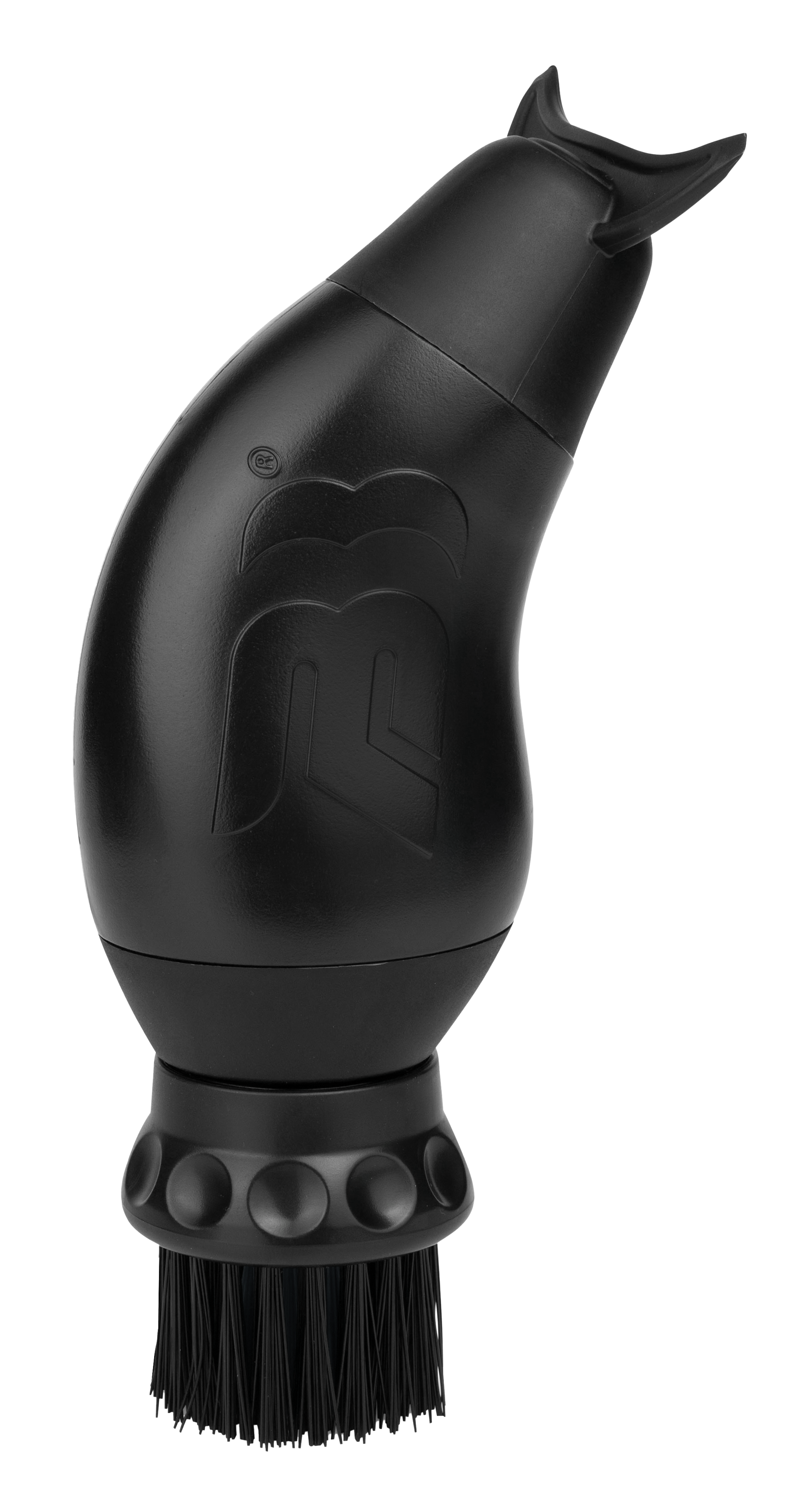 Black ergonomic brush with bristles and a textured handle.