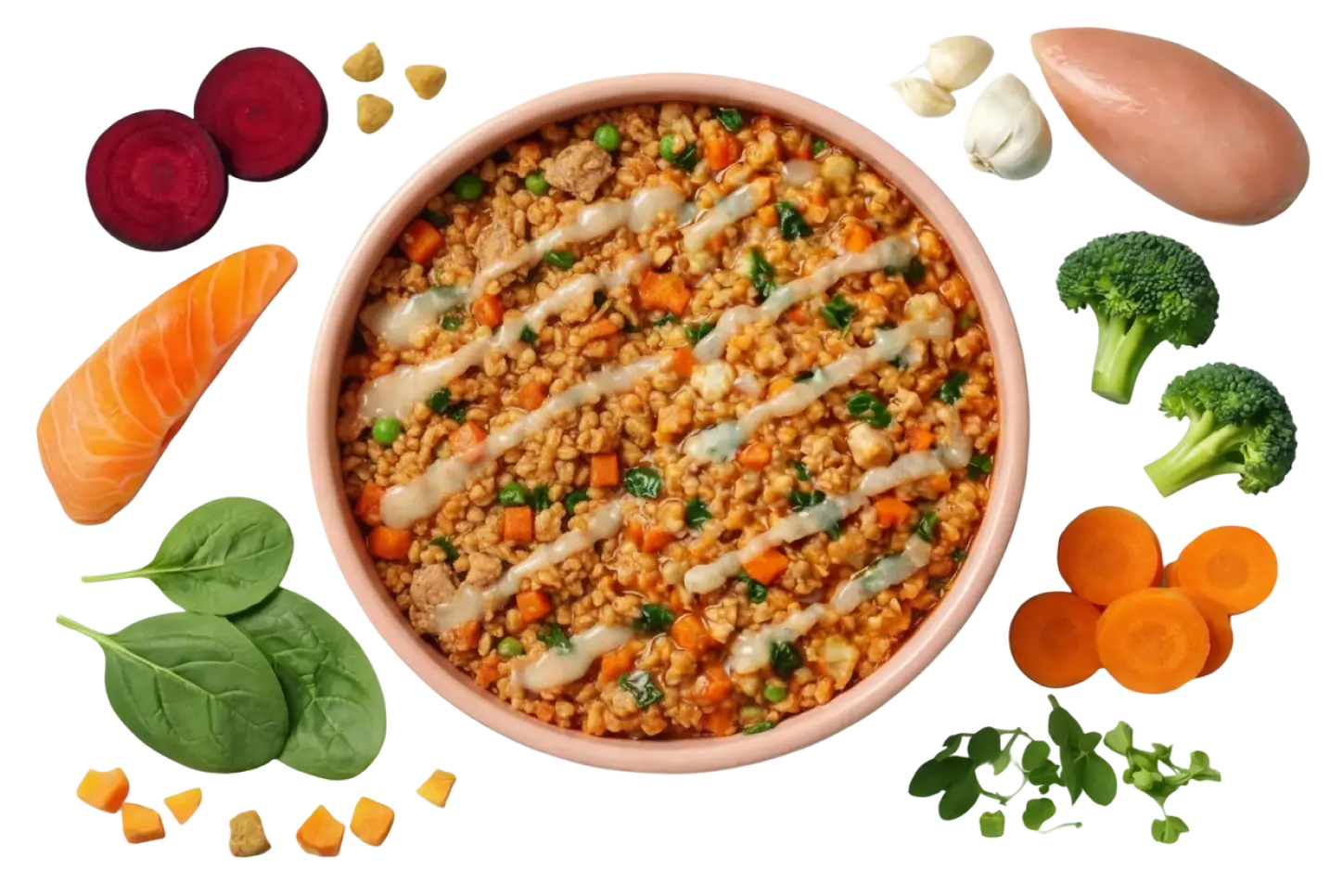 Comida fresca para perros con carne, arroz y verduras, acompañada de ingredientes naturales como salmón, pollo, zanahoria, brócoli y espinacas