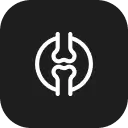 A white line icon of a bone joint inside a circle on a dark gray background.