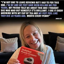 A smiling woman holds a red 'Quitefeet Muscle Scrapper' product box with a customer review displayed above.