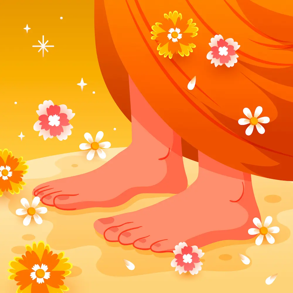 An illustration of bare feet in an orange robe, standing on a yellow surface surrounded by flowers.