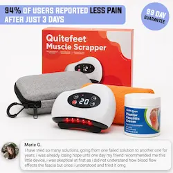 A Quitefeet Muscle Scrapper device shown with its box, carrying case, and a jar of cream.